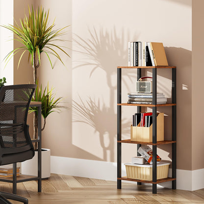 TUTOTAK 4-Tier Narrow Bookshelf for Small Spaces in Rustic Brown - WoodArtSupply