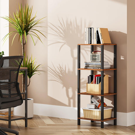 TUTOTAK 4-Tier Narrow Bookshelf for Small Spaces in Rustic Brown TUTOTAK