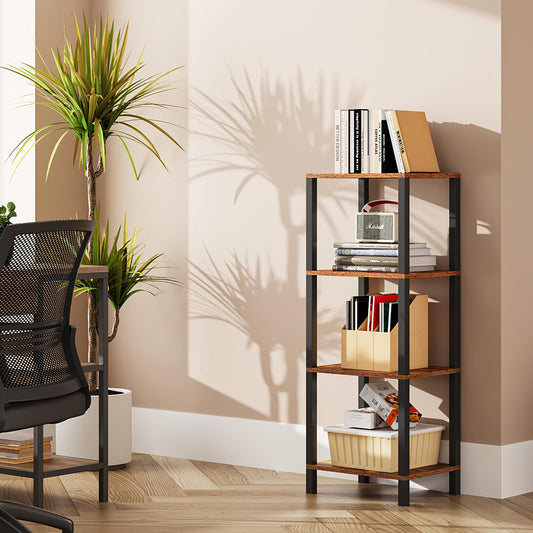 TUTOTAK 4-Tier Narrow Bookshelf for Small Spaces in Rustic Brown - WoodArtSupply