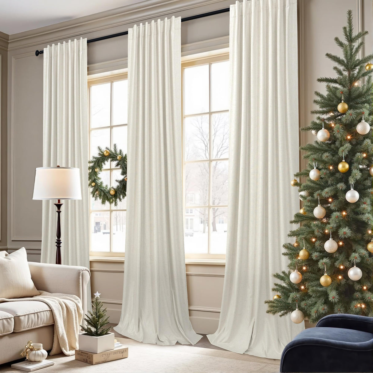 100% Blackout Curtains 84 Inch Length 2 Panels Set Neutral Boho Linen Farmhouse for Bedroom Windows Living Room Darkening Thermal Insulated Drapes Natural Cream Ivory 7ft Long Back Tab Pleated Pocket Pitalk