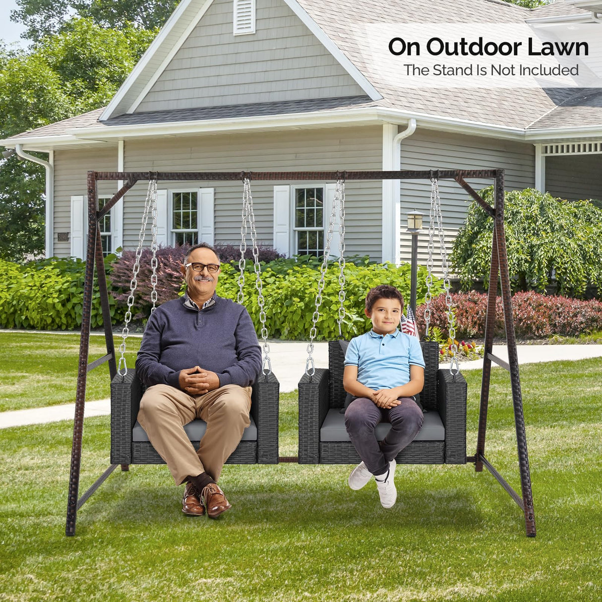 VINGLI 2.2 FT 1-Person Use Rattan Porch Swing Outdoor Support 440 LBS with Cushions & Adjustable Chains, Patio Wicker Swing Bench Chair for Garden, Yard, Lawn, Tree, Black VINGLI