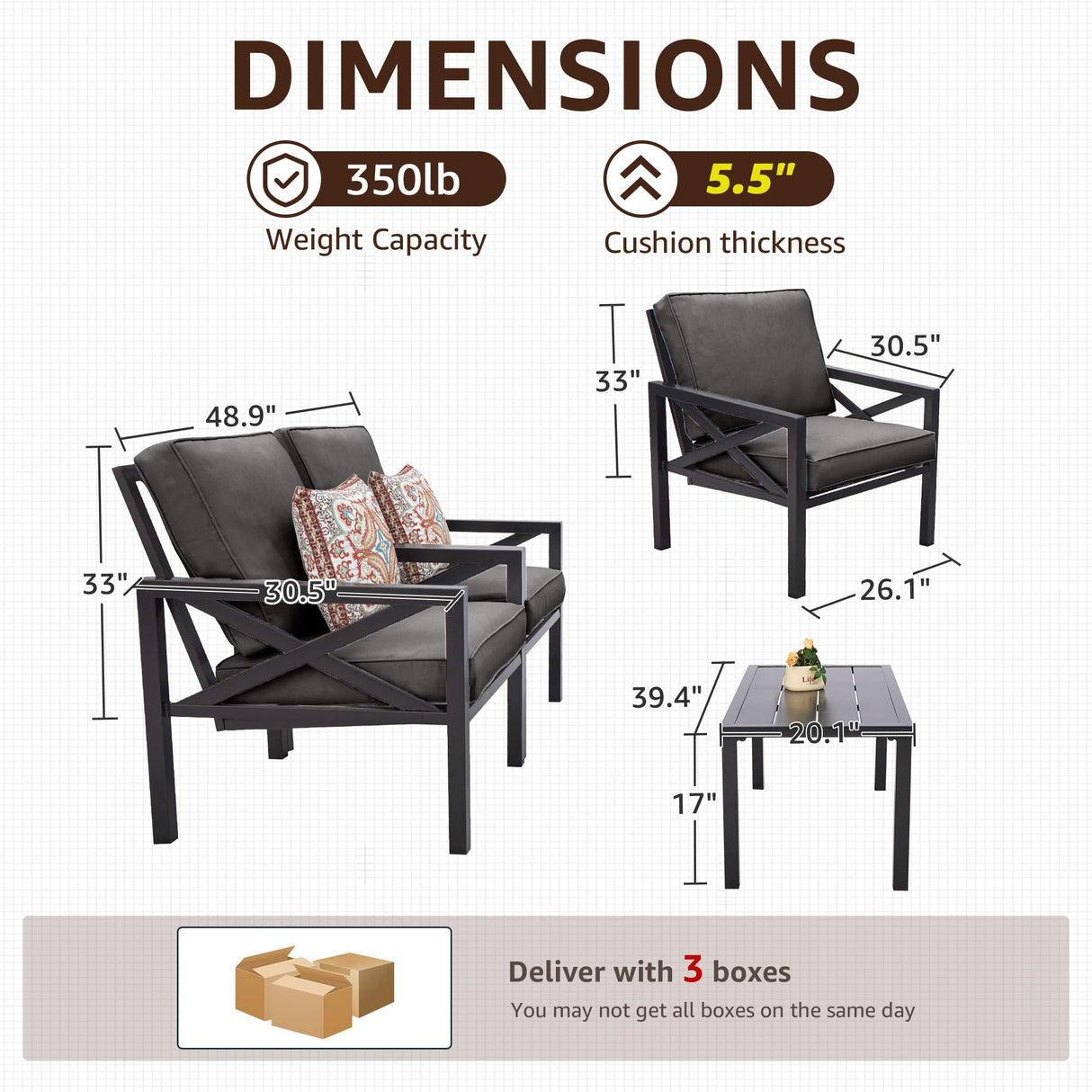 NATURAL EXPRESSIONS Outdoor Patio Furniture 4 Pieces Set, Modern Patio Conversation Sets, Outdoor Sectional Metal Sofa with 5.5 Inch Cushion and Coffee Table,Black NATURAL EXPRESSIONS