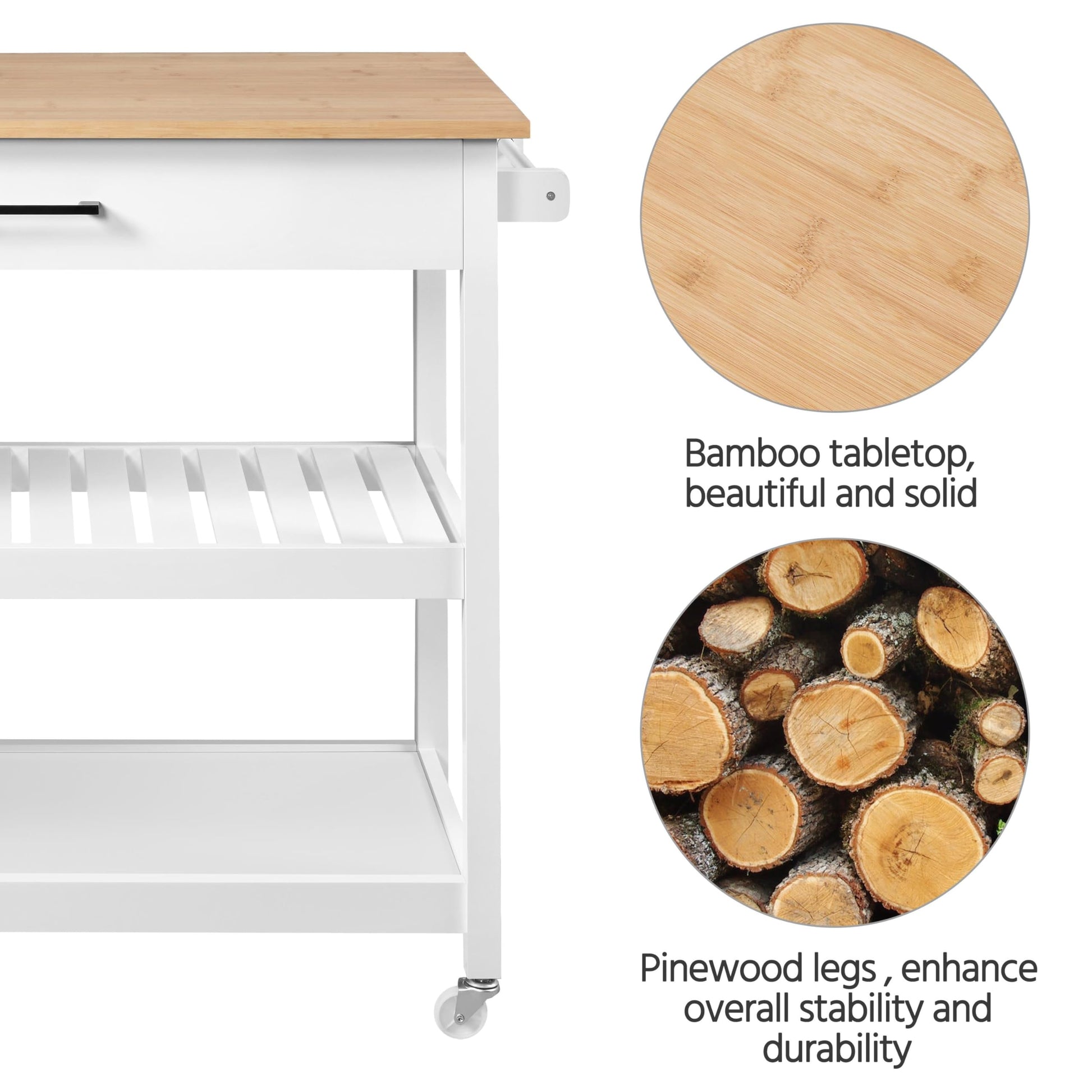 Yaheetech 40" Width Kitchen Island Cart on Wheels, 3 Tiers Rolling Utility Cart with Solid Wood Top and Drawer & 2 Spacious Storage Shelf, Serving Trolley for Dining Room, White - WoodArtSupply