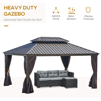 Outsunny 12' x 16' Hardtop Gazebo with Curtains and Netting, Permanent Pavilion Metal Double Roof Gazebo Canopy with Aluminum Frame and Hooks, for Garden, Patio, Backyard, Brown - WoodArtSupply