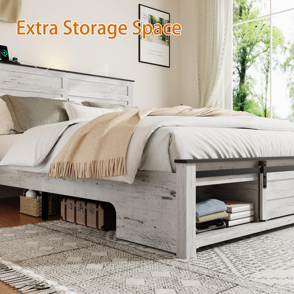 SAMTRA Wooden Queen Size Bed Frame with Headboard, Boho White Farmhouse Storage Bedframe with Sliding Barn Door Footboard and Charging Station, Wood Slats, No Box Spring Needed SAMTRA