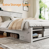 SAMTRA Wooden Queen Size Bed Frame with Headboard, Boho White Farmhouse Storage Bedframe with Sliding Barn Door Footboard and Charging Station, Wood Slats, No Box Spring Needed SAMTRA