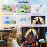 HEIBAGO Halloween Framed Paint by Numbers Kit for Adults, Castle Pumpkin Paint by Numbers for Beginner, Moon Adult Paint by Number Kits on Canvas, Painting by Numbers for Home Wall Decor 12 * 16 inch HEIBAGO
