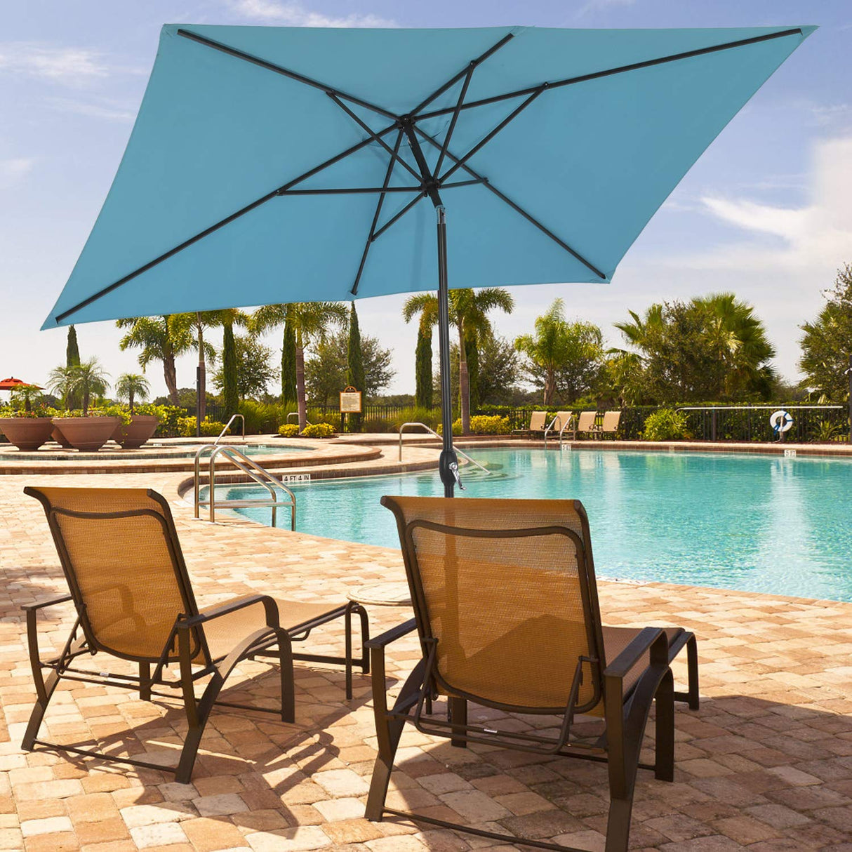 Aok Garden 6.5x10 ft Rectangular Patio Umbrella Outdoor Market Table Aluminum Pole Umbrella with Tilt and Crank 6 Sturdy Ribs for Deck Lawn Pool, Lake Blue Aok Garden