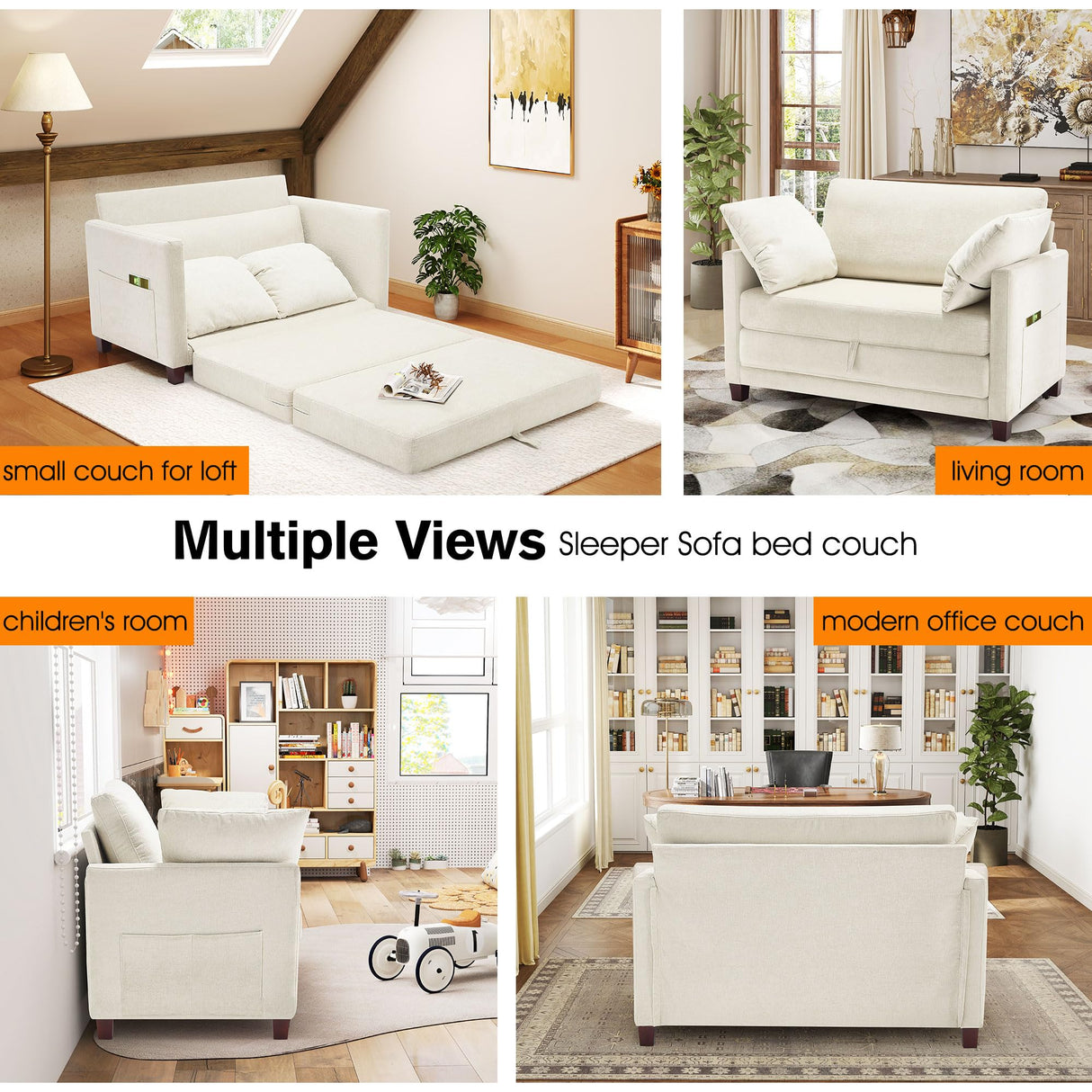 kakuboohi 51" Loveseat Sleeper Sofa Bed, Chenille Convertible Floor Sofa Bed for Small Spaces, Folding Couch Bed with Deep Seat, 2 Pillows & Solid Frame, Pull Out Floor Couch for Living Room, Beige kakuboohi