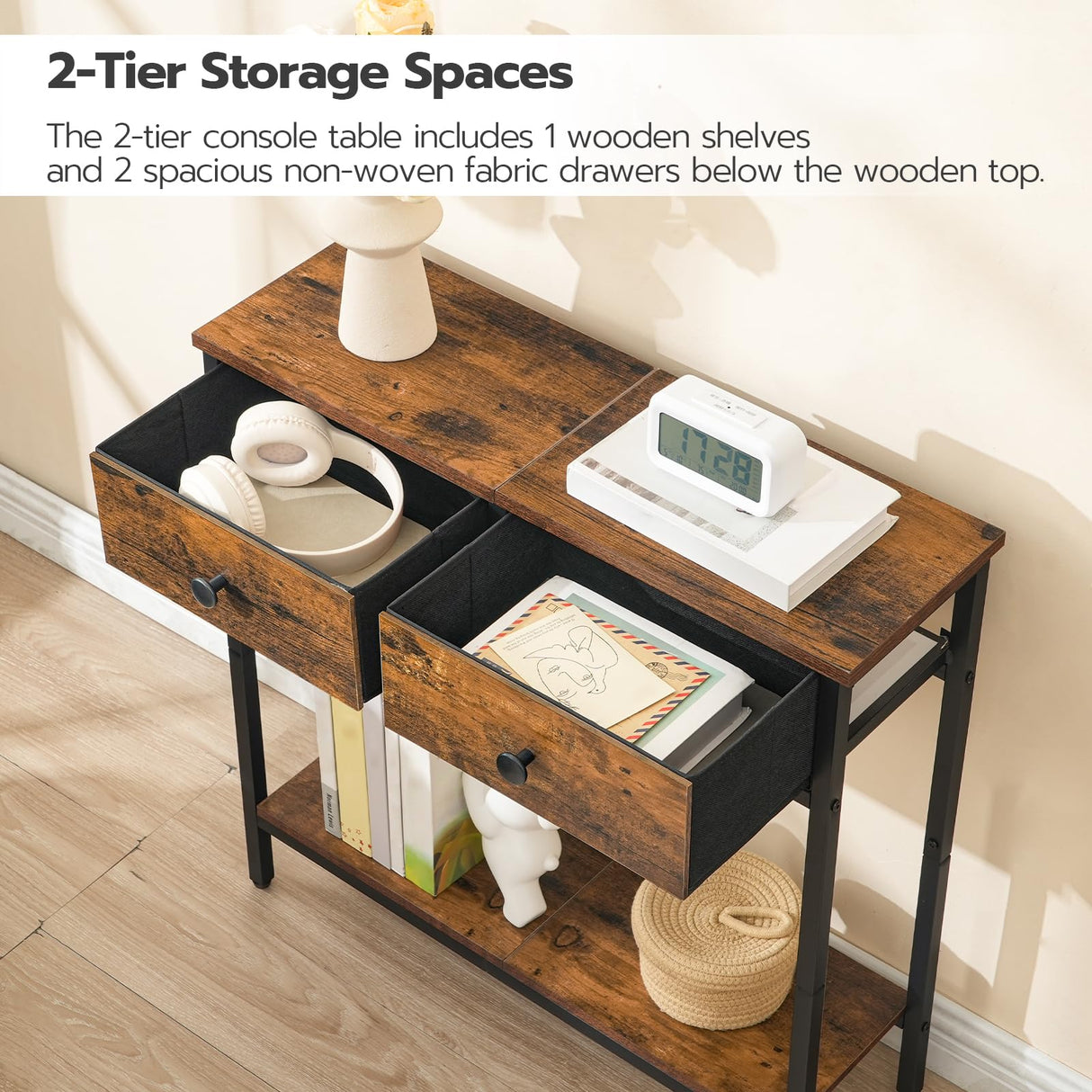 HOOBRO 29.5" Narrow Console Table with 2 Fabric Drawers, Small Entryway Table with 2-Tier Storage Shelves, Thin Sofa Table, Side Table, for Living Room, Hallway, Rustic Brown and Black BF71XG01 HOOBRO