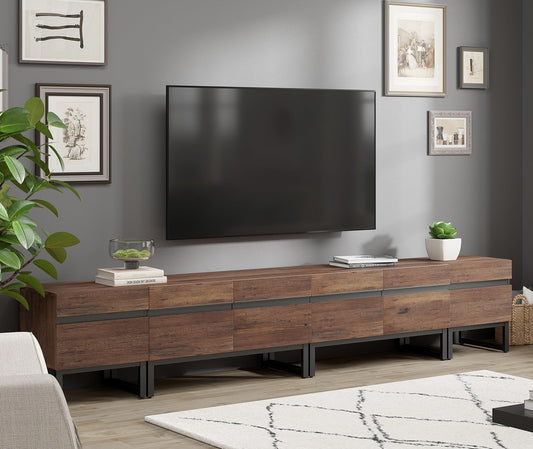 WAMPAT Modern TV Stand for TVs up to 110 inch TV, 3 in 1 Entertainment Center TV Console with Storage Cabinets and Metal Base,Media Console for Living Room, Brown,106''