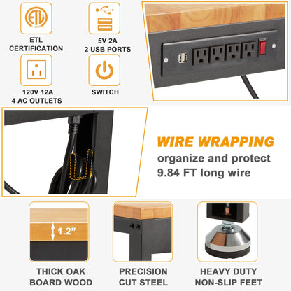 AHB 60" Workbench Adjustable Height, Oak Wood Work Table with Power Outlets, Max 2000 LBS, Heavy Duty Work Bench for Garage Party Shop Office - WoodArtSupply