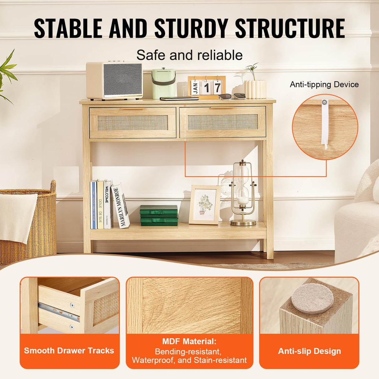 VEVOR Rattan Console Table with 2 Storage Drawers, Rattan Entryway Table with Natural Rattan Sliding Door, Console Sofa Table for Living Room, Study, Entryway Or TV Wall, Natural VEVOR