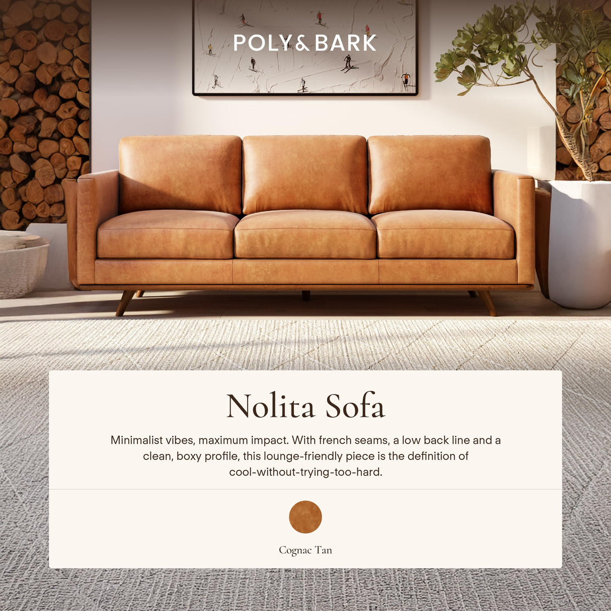 POLY & BARK Nolita 85" Sofa – Cognac Tan Full-Grain Pure-Aniline Italian Leather, Feather-Down Cushioning, Solid Rubberwood Base & Legs POLY & BARK