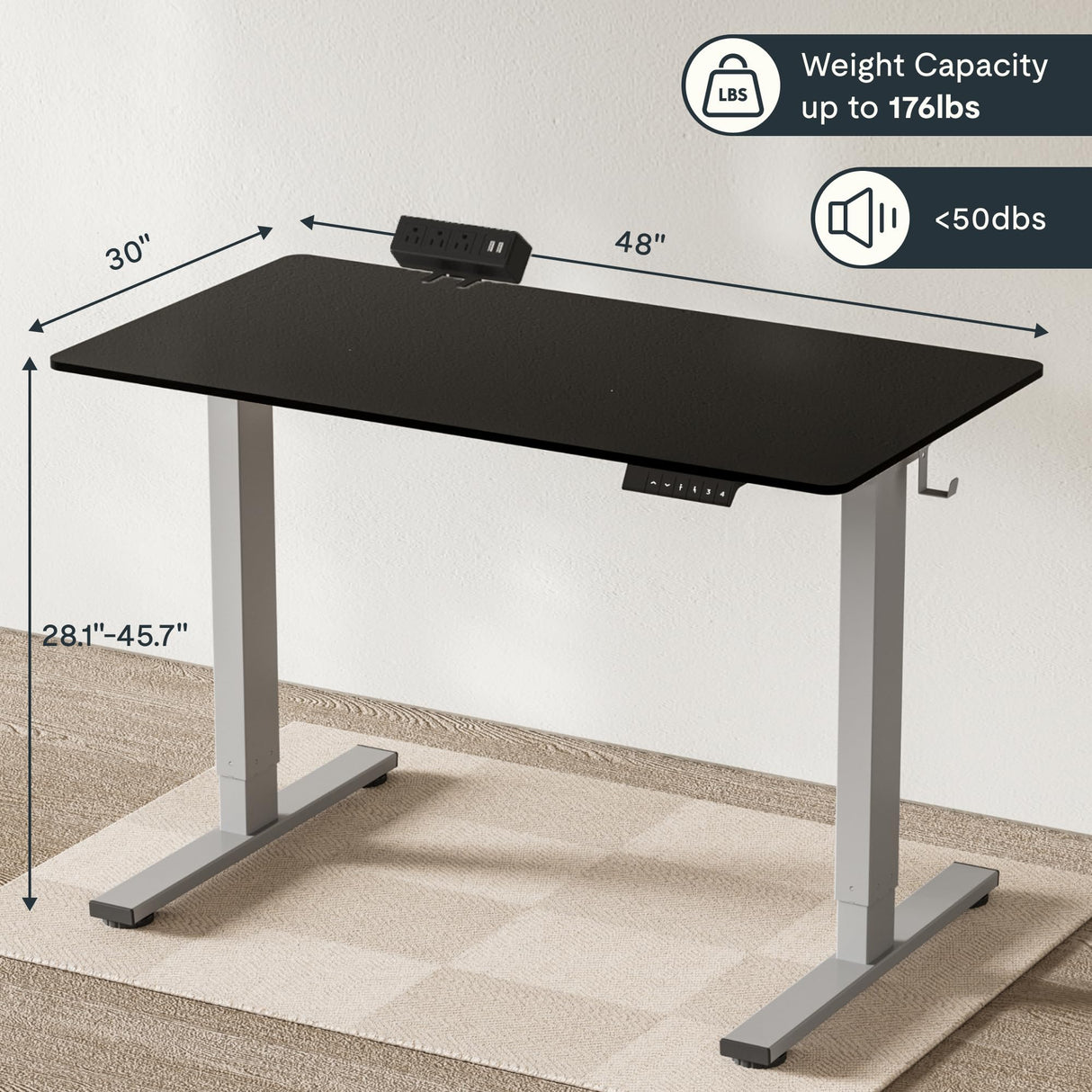 FLEXISPOT EN2 Electric Stand Up Desk 48 x 30'' Whole-Piece Desktop Standing Desk Standing Height Adjustable Desk with Desk Clamp Power Strip, Cable Management (Gray Frame + 48" Black Top, 2 Packages) FLEXISPOT