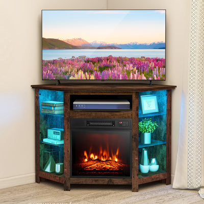 SIMOE Electric Fireplace Corner TV Stand for TVs Up to 50 Inches, Modern Fireplace Entertainment Center with 16-Color LED Lights, Adjustable Shelves, Remote & Smart APP Control, Rustic Brown
