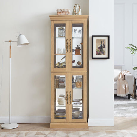 CQSXDA Vintage Lighted Curio Display Cabinet Adjustable Glass Shelves - Wood 6 Shelf Storage Unit for Keepsakes and Decor Glass Doors Adjustable Shelves Secure Hinges Internal Lighting CQSXDA