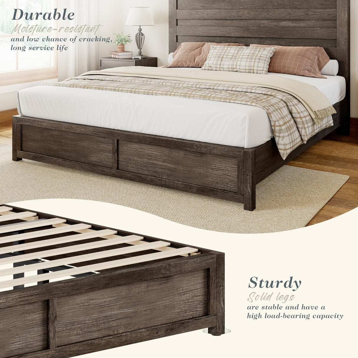Albott Rustic Grey King Size Wood Platform Bed Frame with Slatted Headboard and No Box Spring Needed Albott