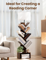 TabHolderix 6 Tier Tree Bookshelf with Light, Corner Tall Narrow Bookshelf, Small Bookcase with Storage Cabinet,Floor Standing Bookshelves Organizer for Bedroom/Living Room/Home Office, Rustic Brown TabHolderix