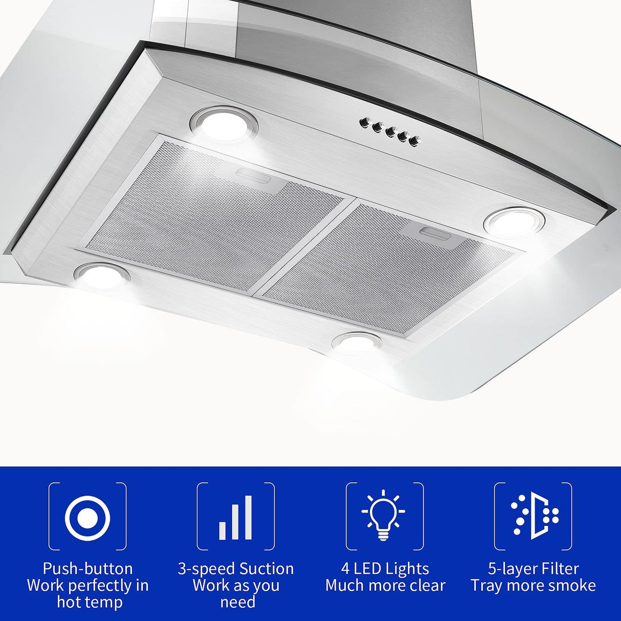 JOEAONZ 30 inch Island Range Hood Stainless Steel 700 CFM Push Button Control Kitchen Exhaust Ventilation Fan with 5-layer Mesh Filters, Large Airflow Capacity Ceiling Mount Vent Hood JOEAONZ
