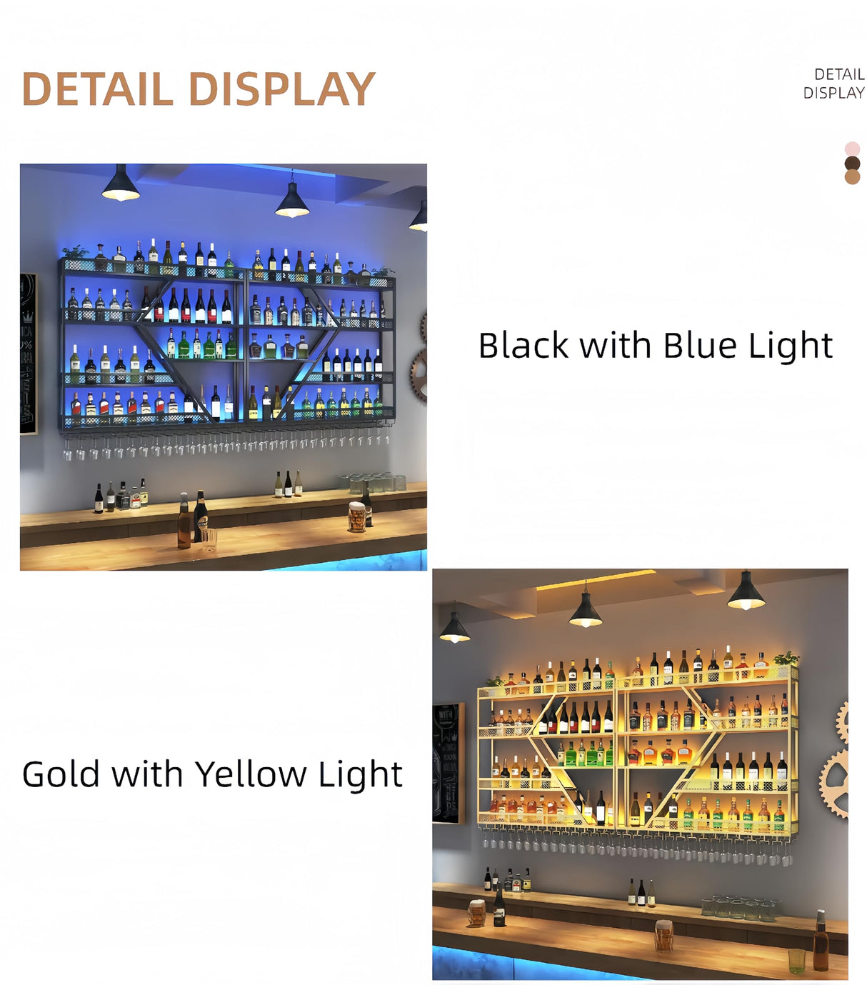 HFTUW Modern Wall Mounted Wine Rack w/LED Light, Metal Wall Bar Shelves Wall Mounted w/Glass Holder, Large Liquor Shelf for Liquor Bottles for Home Bar & Dining Room(Black-Yellow Led, 59in/150cm) HFTUW