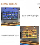 HFTUW Modern Wall Mounted Wine Rack w/LED Light, Metal Wall Bar Shelves Wall Mounted w/Glass Holder, Large Liquor Shelf for Liquor Bottles for Home Bar & Dining Room(Black-Yellow Led, 59in/150cm) HFTUW