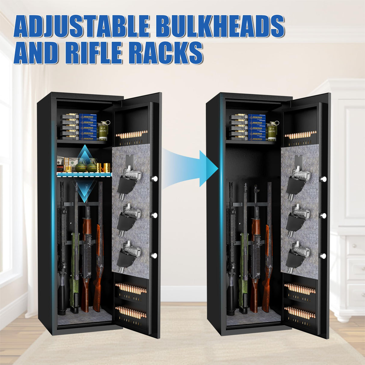 Leariso 12-15 Rifle Gun Safe, Home Safes for Rifles and Pistols, Biometric Gun Safes for Handgun with Adjustable Shelves and Pockets, Gun Cabinet with Alarm Function, Gun Locker, Black Leariso