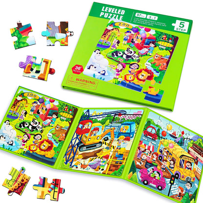 Magnetic Puzzles for Kids Ages 4-8, 3 in 1 Cartoon Jigsaw Puzzle Book, Kids Travel Puzzles Toys, Preschool Learning Toy for Kids 3-8 Year (Green Zoo)