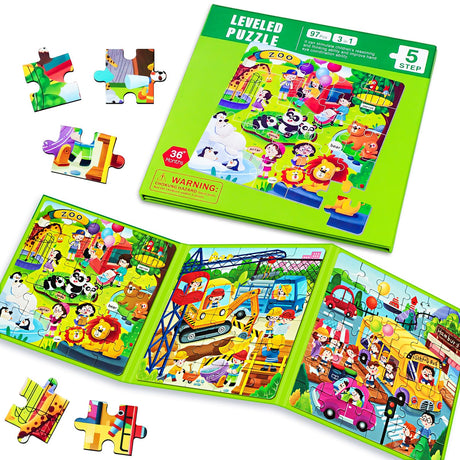 Magnetic Puzzles for Kids Ages 4-8, 3 in 1 Cartoon Jigsaw Puzzle Book, Kids Travel Puzzles Toys, Preschool Learning Toy for Kids 3-8 Year (Green Zoo) EREBADI