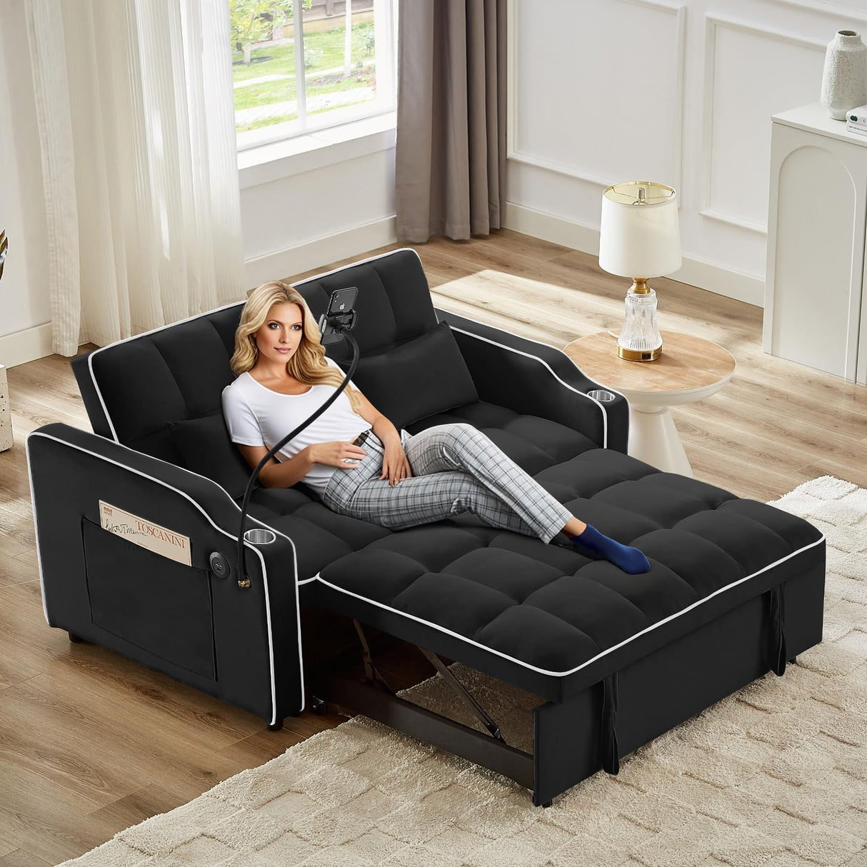 KINFFICT Sleeper Sofa Couch Bed with Phone Holder, Modern 3-in-1 Convertible Velvet Pull Out Loveseat Futon Sofa with USB & Type C Port & Cup Holder for Living Room Bedroom Office KINFFICT