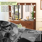 Crownland Vanity with Lighted Mirror, Makeup Vanity Table Set with Drawers and Charging Station, Vanity Desk with 3 Adjustable Lighting Modes and Stool Set(Brown) Crownland