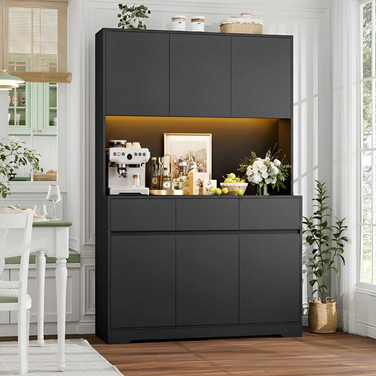 FINETONES 71" Tall Pantry Cabinet with Power Outlets and Led Lights, Large Kitchen Hutch Storage with Microwave Stand, Black Pantry Kitchen Cabinet with Cupboard FINETONES