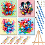 4 Packs Cartoon Paint by Numbers Kits for Kids Framed,Paint by Numbers for Kids Ages 8-12 with Framed Canvas,DIY Easy Painting Kits with Wooden Easel for Home Wall Decor 8X8 Inch Fuinkqe