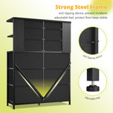 EnHomee Dresser for Bedroom with LED Lights and 12 Fabric Dresser with 4 Open Shelves, Chest of Drawers, Metal Frame, Black, 45.2" H x 35.4" W x 11.8" D EnHomee