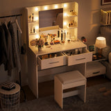 Furmax Make up Vanity Desk with Mirror and Power Outlet, Vanity with 3 Color Light Options Adjustable Brightness,Vanity Desk with 2 Drawers, 6 Storage Shelves (White, with Bench) Furmax