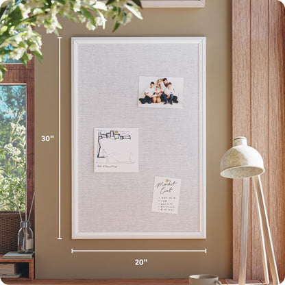 U Brands Farmhouse Linen Bulletin Board, 30"x20", White Wood Style Frame, Includes Push Pins