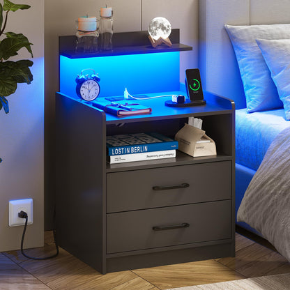 LED Nightstand with Charging Station, Night Stand with 2 Drawers and Open Storage, Bedside Table with LED Lights, Modern End Table with USB Ports Outlets, Black - WoodArtSupply