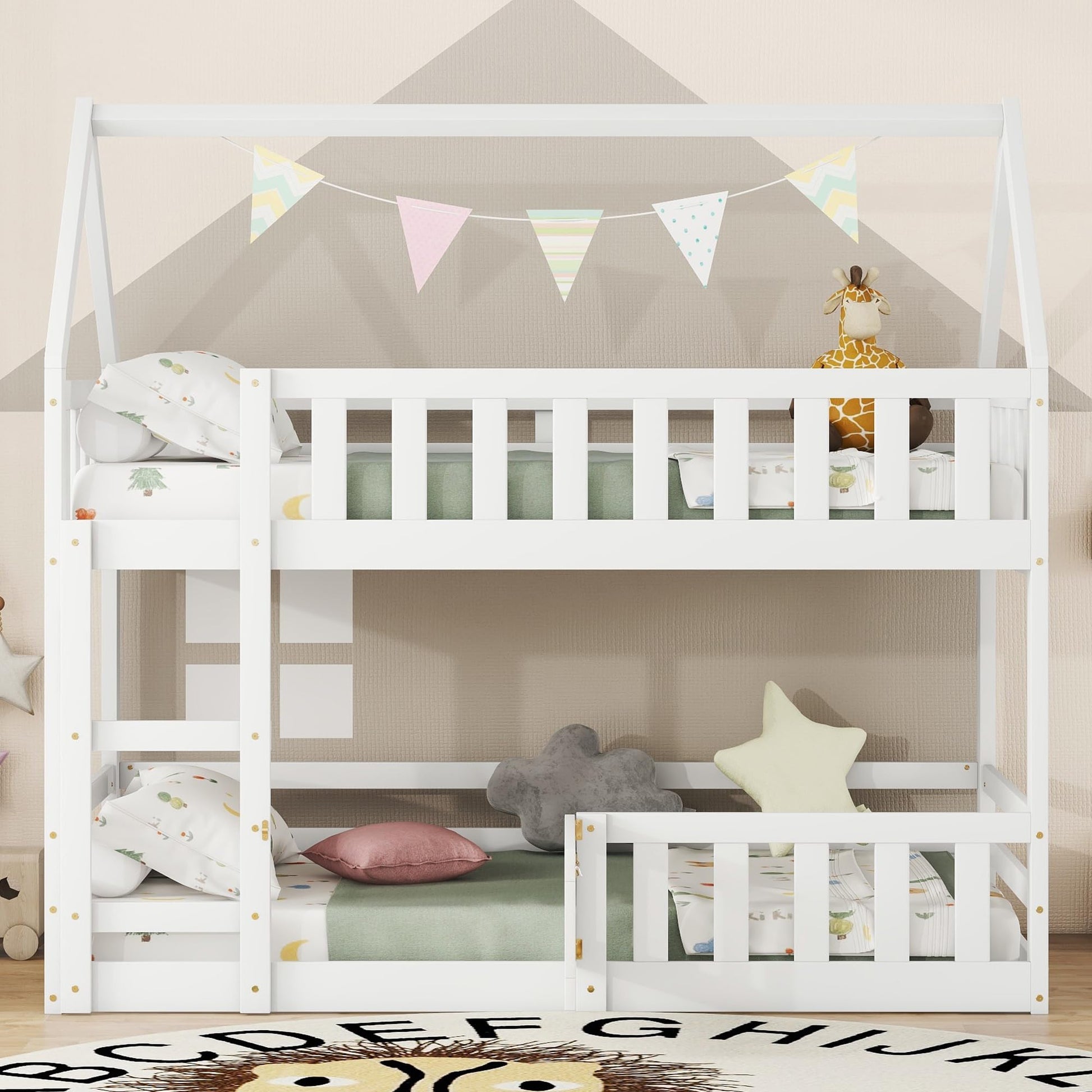 SOFTSEA Solid Wood Twin Over Twin House Bunk Bed with Guardrails and Playful Design - WoodArtSupply