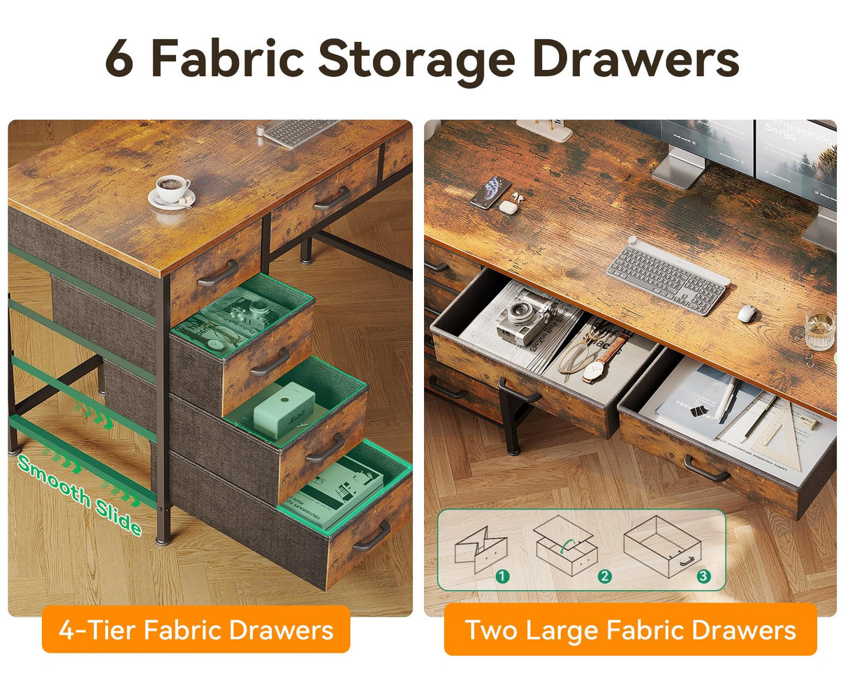 ODK Computer Desk with 6 Drawers, 40 Inch Small Desk with Storage, Reversible Desk with Headphone Hook for Home Office, Work Study Table for Bedroom, Rustic Brown ODK