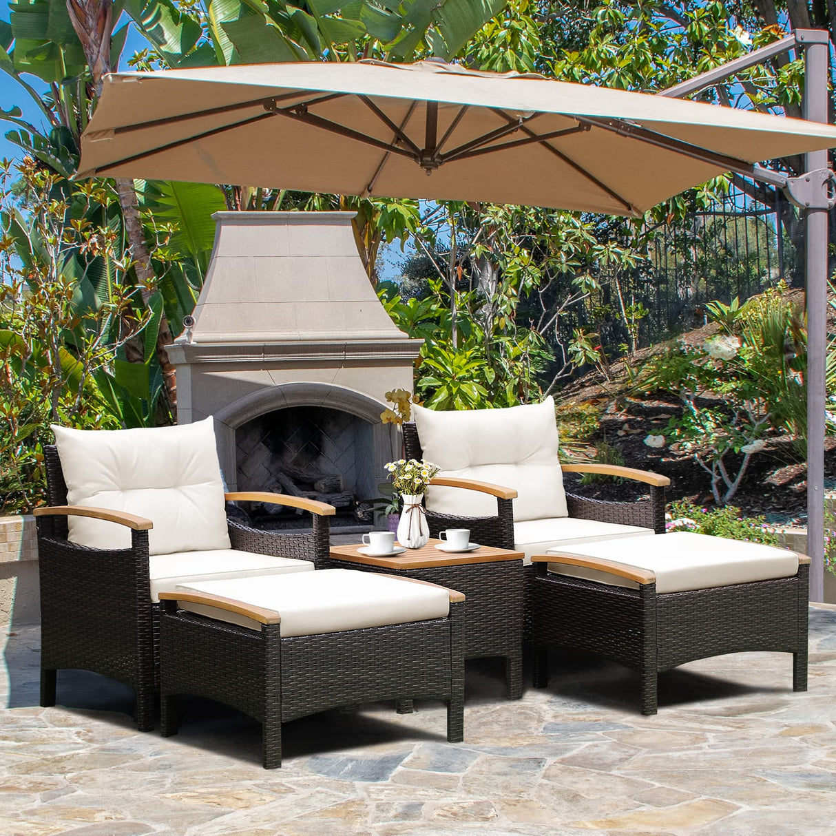 Tangkula 5 Piece Patio Furniture Set, Patiojoy Outdoor Conversation Set w/Seat & Back Cushions, Coffee Table & 2 Ottomans, Acacia Wood Tabletop & Armrests, Wicker Sofa Set for Backyard, Poolside Tangkula