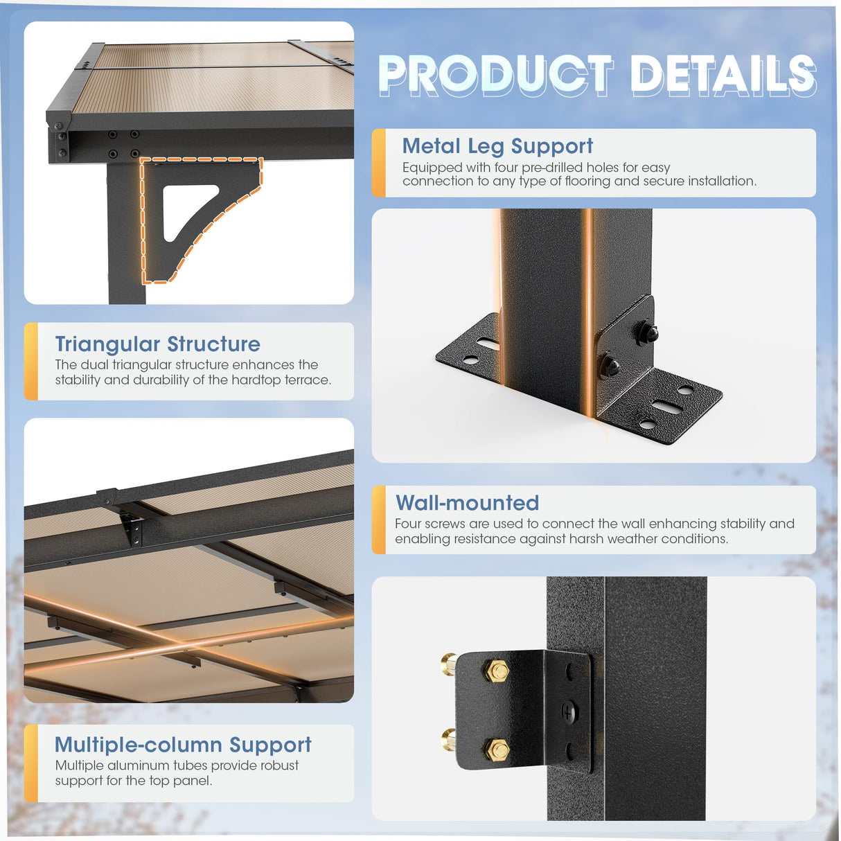 SUNCROWN 10'x10' Hardtop Gazebo, Wall-Mounted Gazebos Pergola, Outdoor Reclining Gazebos with Metal Frame, Lean to Gazebo Metal Awnings for Patio, Deck, Backyard, Porch, Lawns SUNCROWN