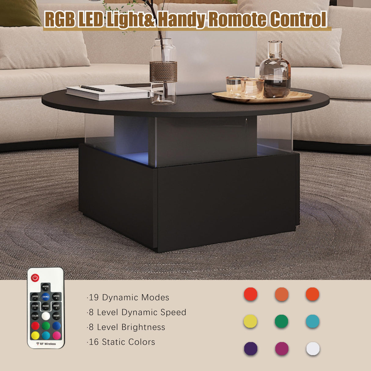 HedoAjim 31.5" Round Coffee Table for Living Room, LED Modern Living Room Table with Storage, Square Acrylic Coffee Tables with 2 Sliding Drawers, Wood Center Table for Reception Dinning Room, Black HedoAjim