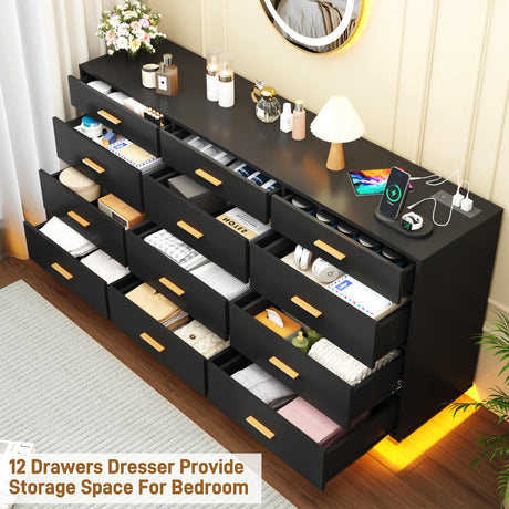 12 Drawers Dresser W/Power Outlets for Bedroom, 63inch Drawer Dressers W/6000 Colors Lights, Wood Tall Dresser Storage Organizer,Black Chest of Drawers for Closet, Hallway, Entryway, Living Room jiteentarou