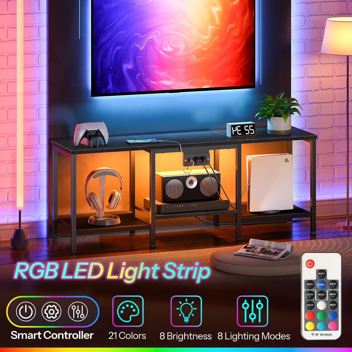 HOOBRO TV Stand with Charging Station to 55 Inches, LED Entertainment Center, Media TV Console Table with Open Storage Shelving for Living Room, Bedroom, Black BB122UDDS01 HOOBRO