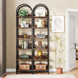 78.7" Industrial Wood 6-Tier Arched Bookshelf with Metal Frame in Rustic Brown Tribesigns