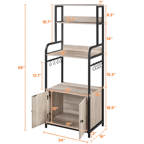 Yaheetech 4-Tier Kitchen Bakers Rack with Storage Cabinet and Hutch, Microwave Oven Stand Coffee Bar Pantry Cabinet with 8 S Hooks, Freestanding Kitchen Shelves Spice Rack, Gray Yaheetech