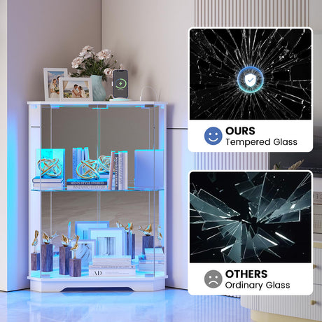 Dystler Corner Display Cabinet with Glass Doors, Small Display Case with 3-Color LED Lights and Charging Station, 2-Tier Curio Cabinet with Storage and Shelf for Living Room, White Dystler