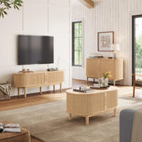 LINSY HOME TV Stand for 65" TV, Mid-Century Modern 58" Entertainment Center with Sliding Tambour Door and Storage Cabinet, Cruved TV Media Console Table for Living Room, Bedroom, Oak LINSY HOME