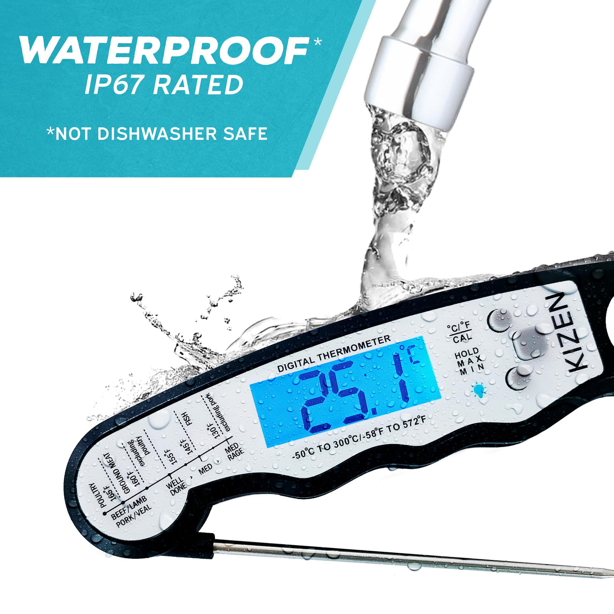 KIZEN Instant Read Meat Thermometer Digital - Food Thermometer for Cooking, Grill, Oven, BBQ - Waterproof and Backlit Display KIZEN