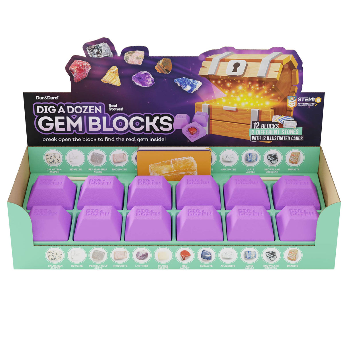 Dan&Darci Dig a Dozen Gem Blocks Mining Kit for Kids - Discover 12 Unique Real Gemstones, Mineral, Rock, Crystals Collection - Archaeology Science Gift Toys Set for Boys & Girls Age 8-12 Gifts Dan&Darci